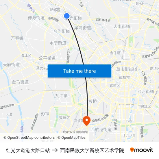 红光大道港大路口站 to 西南民族大学新校区艺术学院 map