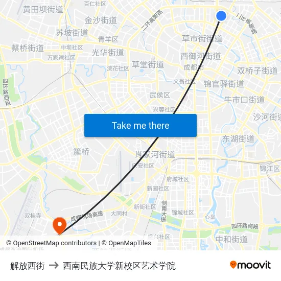 解放西街 to 西南民族大学新校区艺术学院 map
