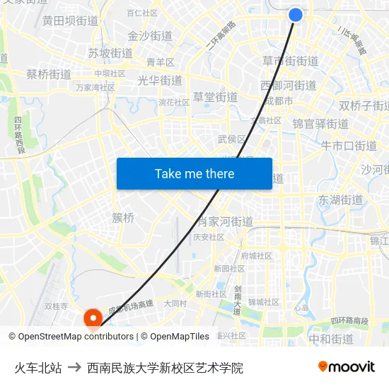 火车北站 to 西南民族大学新校区艺术学院 map