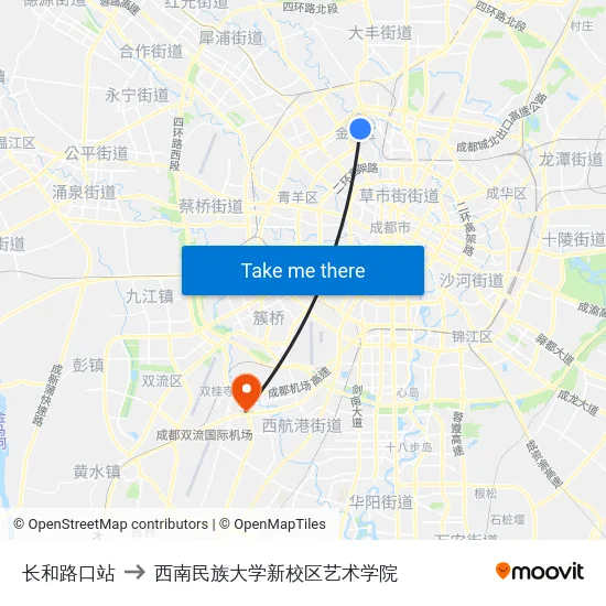 长和路口站 to 西南民族大学新校区艺术学院 map