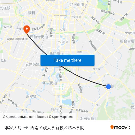 李家大院 to 西南民族大学新校区艺术学院 map