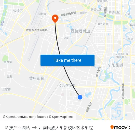科技产业园站 to 西南民族大学新校区艺术学院 map
