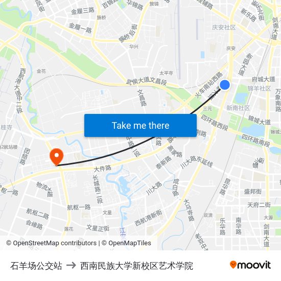 石羊场公交站 to 西南民族大学新校区艺术学院 map