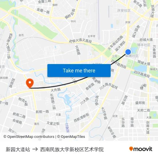 新园大道站 to 西南民族大学新校区艺术学院 map