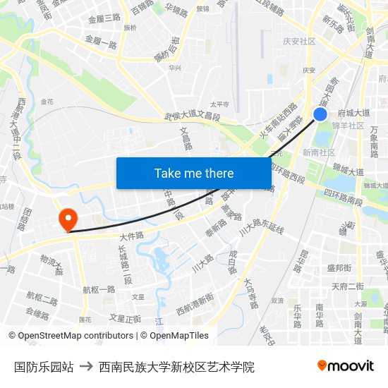国防乐园站 to 西南民族大学新校区艺术学院 map