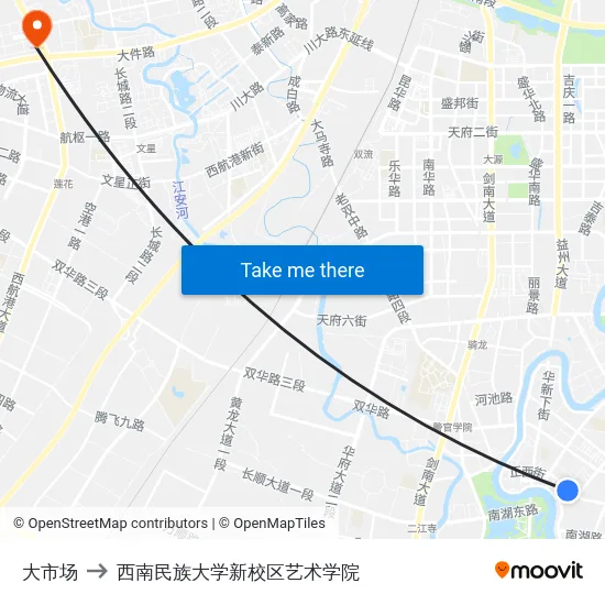 大市场 to 西南民族大学新校区艺术学院 map