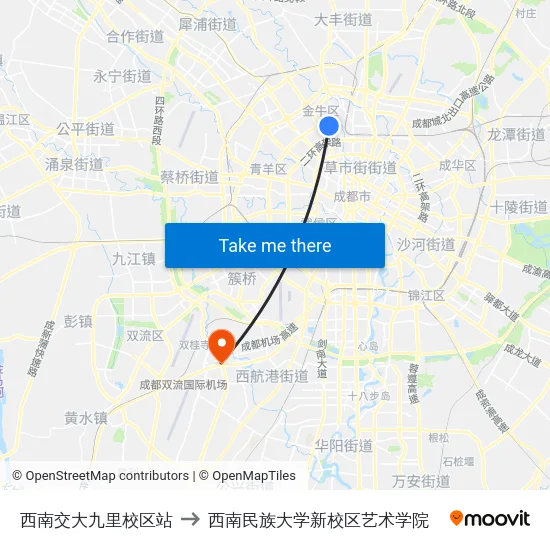 西南交大九里校区站 to 西南民族大学新校区艺术学院 map