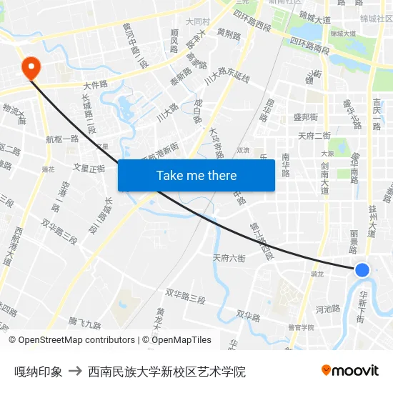 嘎纳印象 to 西南民族大学新校区艺术学院 map