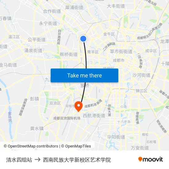 清水四组站 to 西南民族大学新校区艺术学院 map