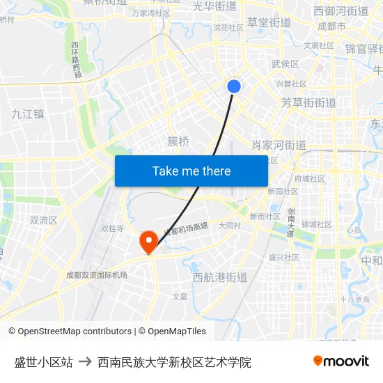 盛世小区站 to 西南民族大学新校区艺术学院 map