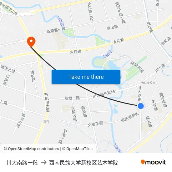 川大南路一段 to 西南民族大学新校区艺术学院 map