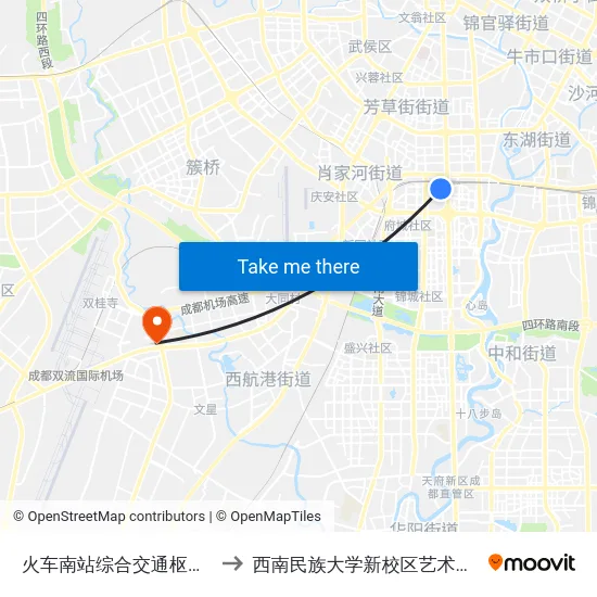 火车南站综合交通枢纽站 to 西南民族大学新校区艺术学院 map