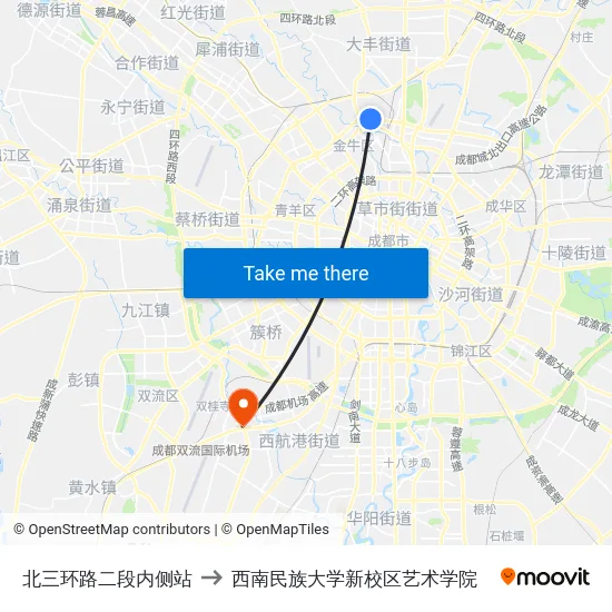 北三环路二段内侧站 to 西南民族大学新校区艺术学院 map