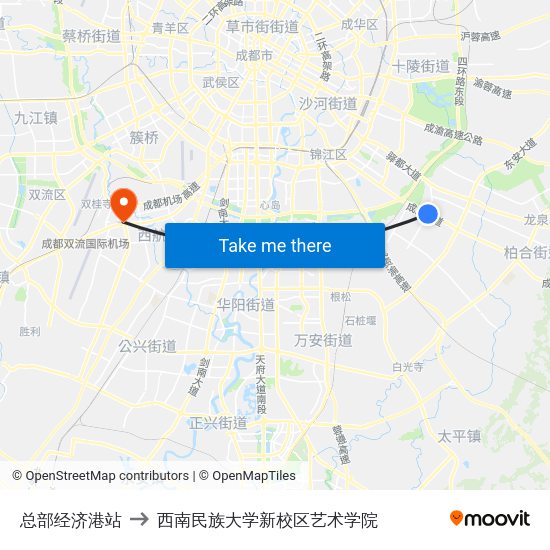 总部经济港站 to 西南民族大学新校区艺术学院 map