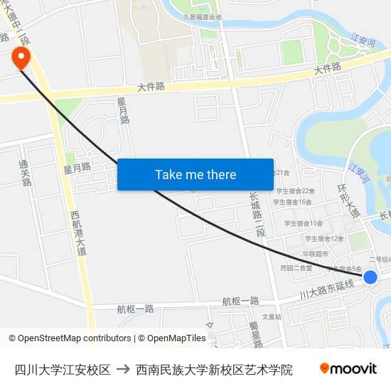 四川大学江安校区 to 西南民族大学新校区艺术学院 map