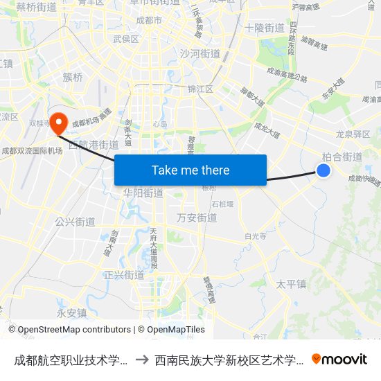 成都航空职业技术学院 to 西南民族大学新校区艺术学院 map