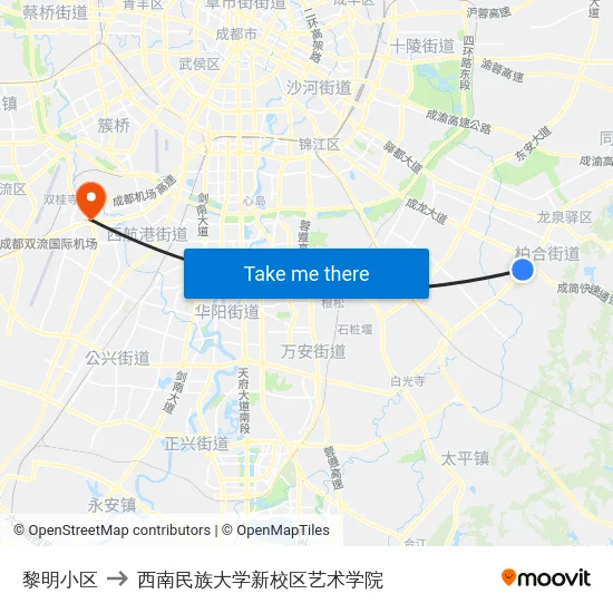 黎明小区 to 西南民族大学新校区艺术学院 map