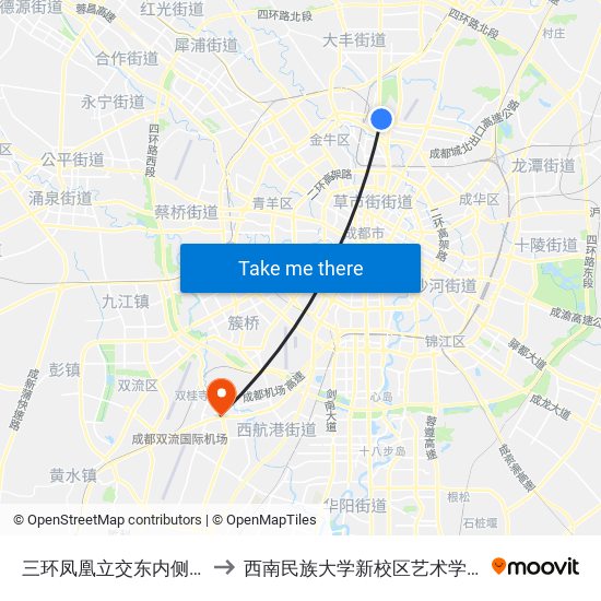 三环凤凰立交东内侧站 to 西南民族大学新校区艺术学院 map