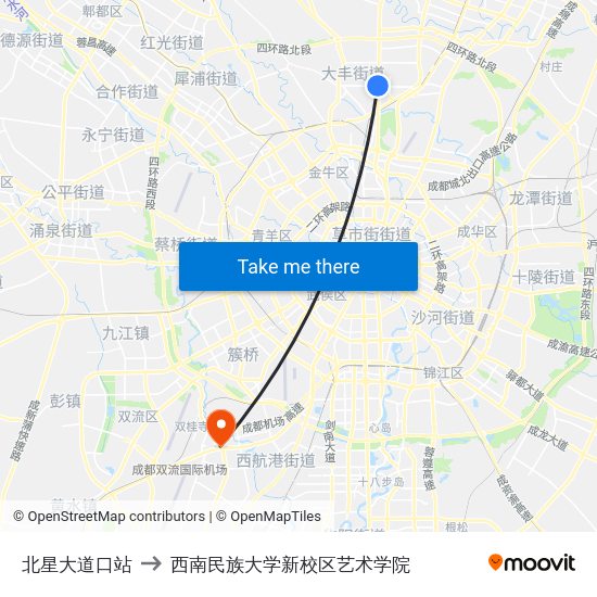 北星大道口站 to 西南民族大学新校区艺术学院 map