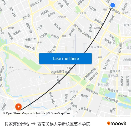 肖家河沿街站 to 西南民族大学新校区艺术学院 map
