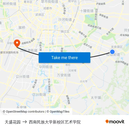 天盛花园 to 西南民族大学新校区艺术学院 map