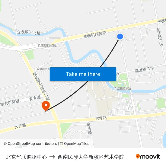 北京华联购物中心 to 西南民族大学新校区艺术学院 map