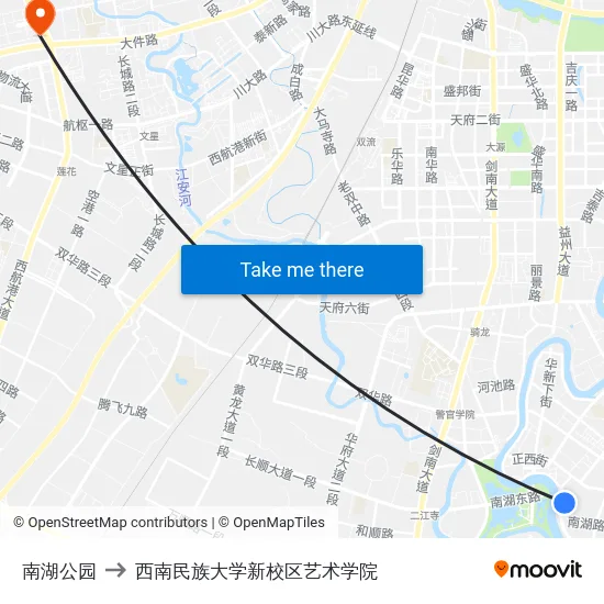 南湖公园 to 西南民族大学新校区艺术学院 map