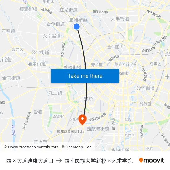 西区大道迪康大道口 to 西南民族大学新校区艺术学院 map