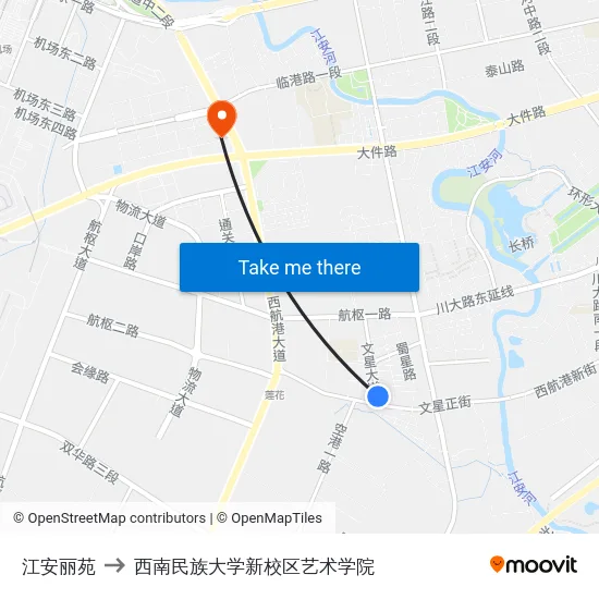 江安丽苑 to 西南民族大学新校区艺术学院 map