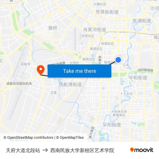 天府大道北段站 to 西南民族大学新校区艺术学院 map