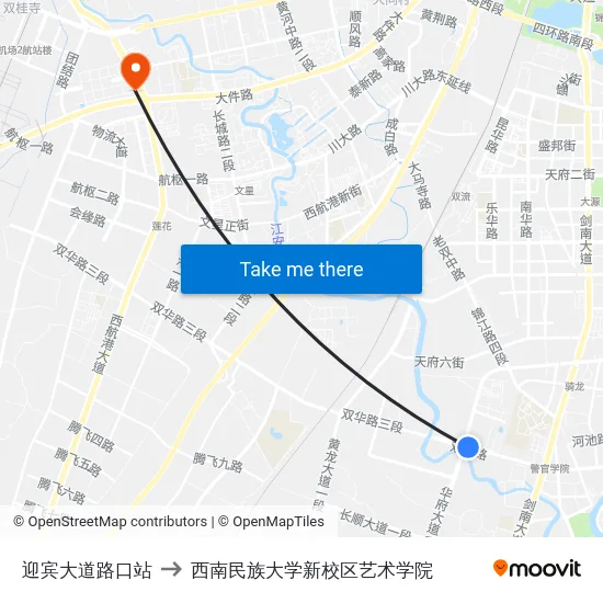 迎宾大道路口站 to 西南民族大学新校区艺术学院 map