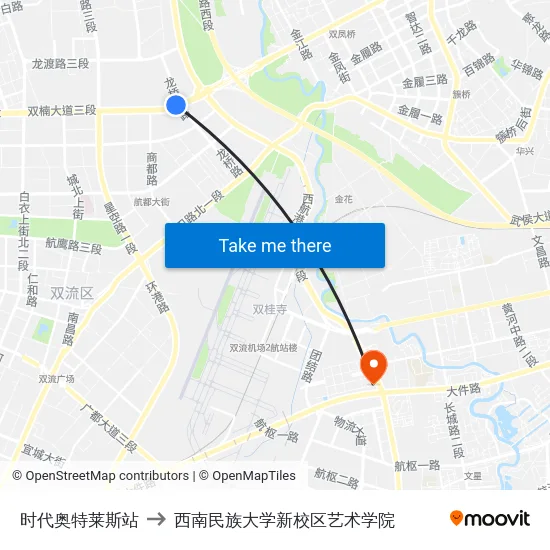 时代奥特莱斯站 to 西南民族大学新校区艺术学院 map