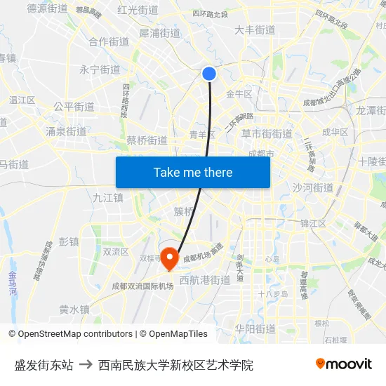 盛发街东站 to 西南民族大学新校区艺术学院 map