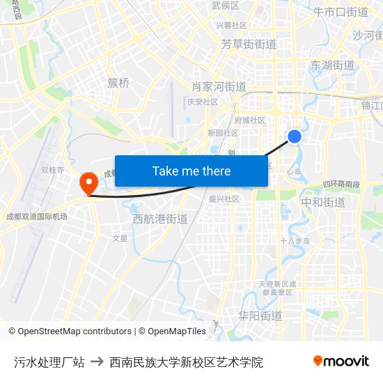 污水处理厂站 to 西南民族大学新校区艺术学院 map