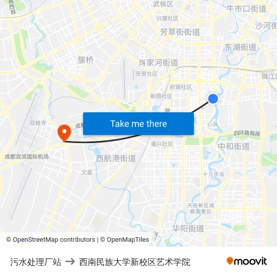 污水处理厂站 to 西南民族大学新校区艺术学院 map