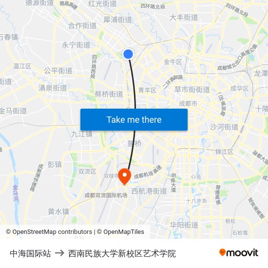 中海国际站 to 西南民族大学新校区艺术学院 map