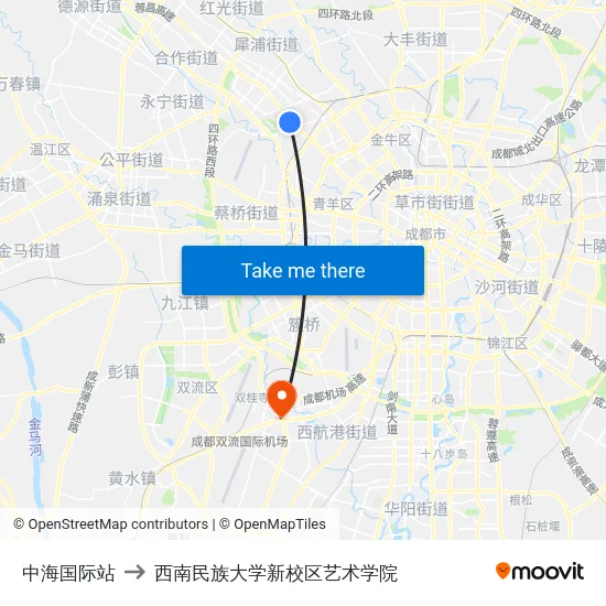 中海国际站 to 西南民族大学新校区艺术学院 map