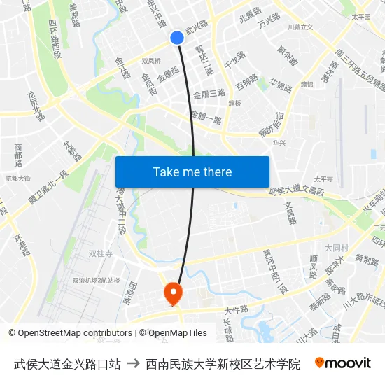 武侯大道金兴路口站 to 西南民族大学新校区艺术学院 map