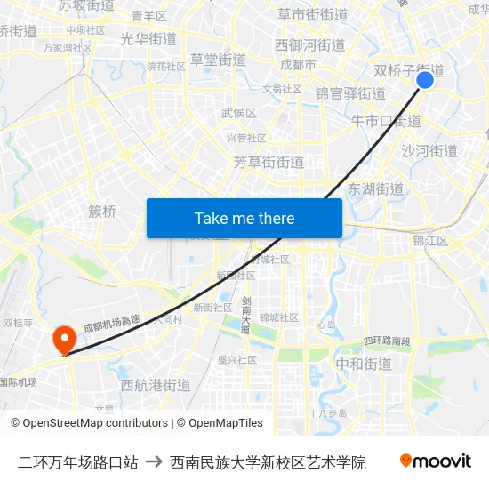 二环万年场路口站 to 西南民族大学新校区艺术学院 map