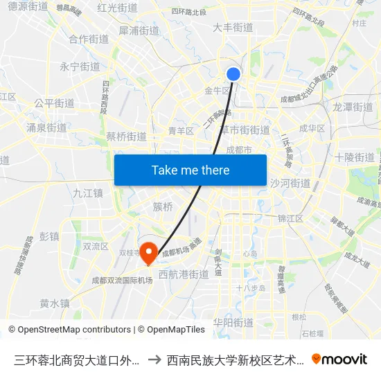 三环蓉北商贸大道口外侧站 to 西南民族大学新校区艺术学院 map