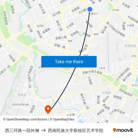 西三环路一段外侧 to 西南民族大学新校区艺术学院 map