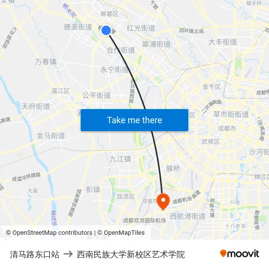 清马路东口站 to 西南民族大学新校区艺术学院 map
