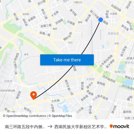 南三环路五段中内侧站 to 西南民族大学新校区艺术学院 map
