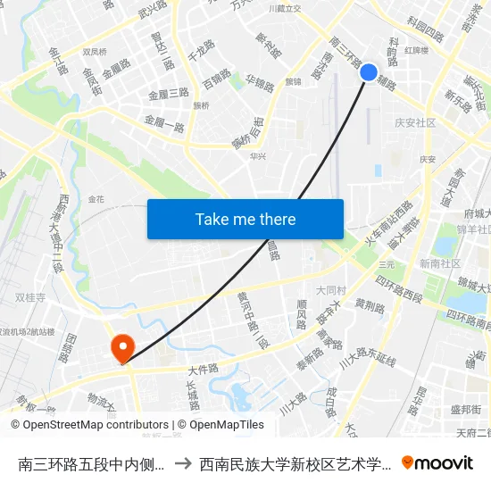 南三环路五段中内侧站 to 西南民族大学新校区艺术学院 map