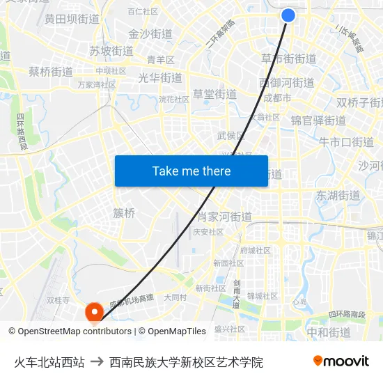 火车北站西站 to 西南民族大学新校区艺术学院 map
