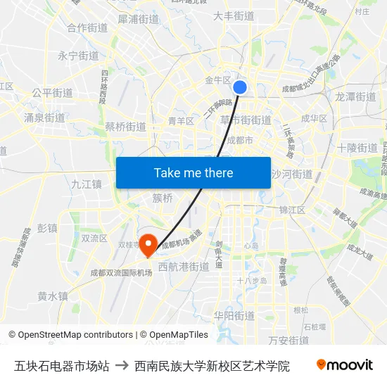 五块石电器市场站 to 西南民族大学新校区艺术学院 map