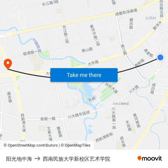 阳光地中海 to 西南民族大学新校区艺术学院 map