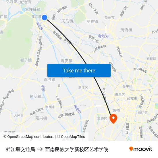 都江堰交通局 to 西南民族大学新校区艺术学院 map