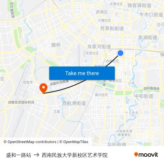 盛和一路站 to 西南民族大学新校区艺术学院 map