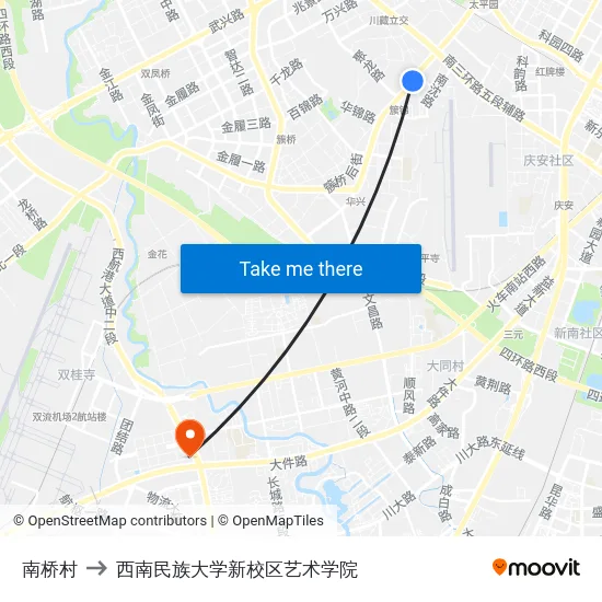 南桥村 to 西南民族大学新校区艺术学院 map